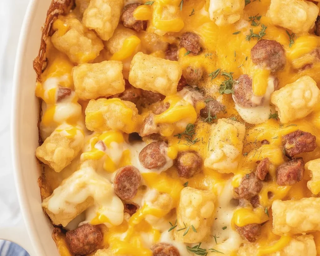 Delicious homemade Tater Tot Sausage Breakfast Casserole with cheese and eggs