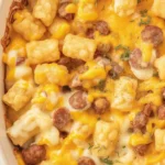 Delicious homemade Tater Tot Sausage Breakfast Casserole with cheese and eggs