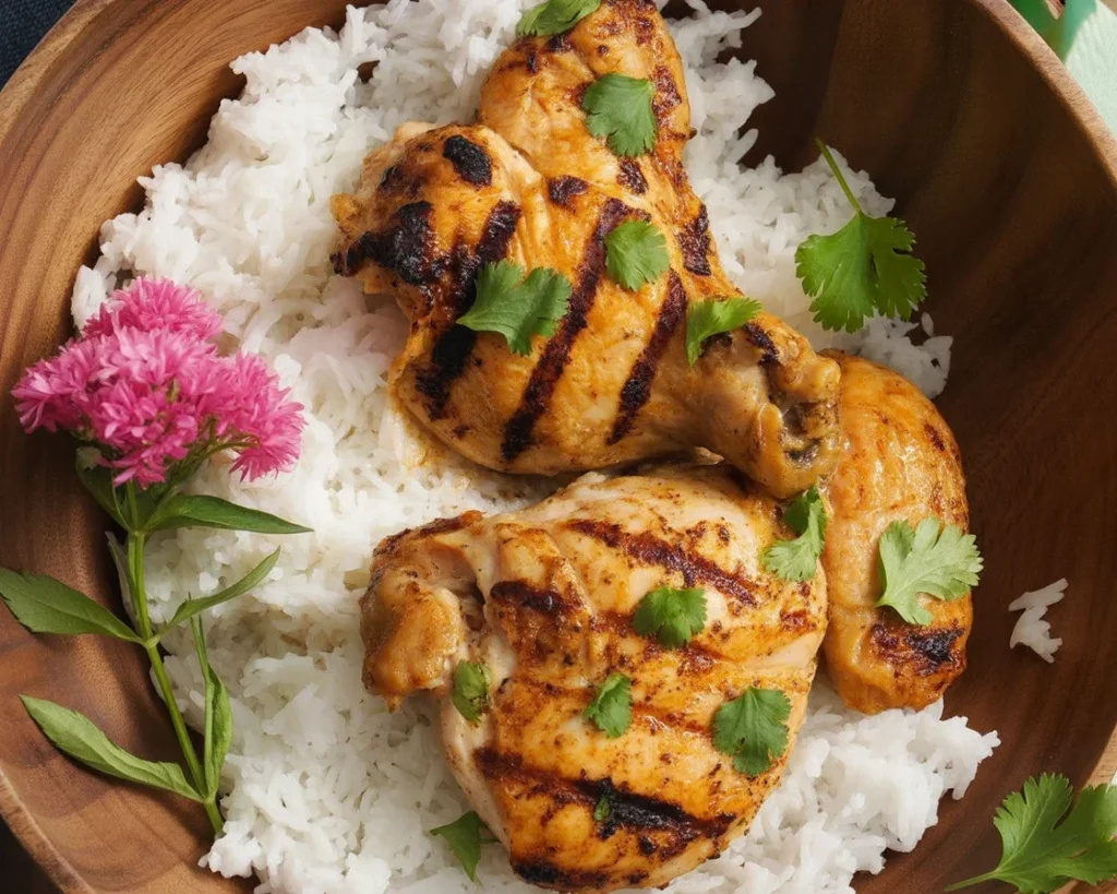 Delicious Thai Coconut Grilled Chicken skewers with vibrant garnishes.