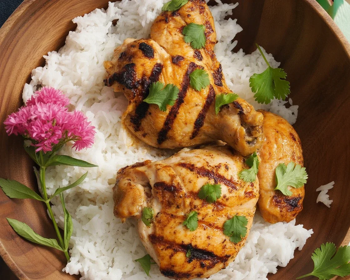 Delicious Thai Coconut Grilled Chicken skewers with vibrant garnishes.
