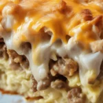 Delicious Biscuits and Gravy Hashbrown Breakfast Casserole with sausage and eggs.