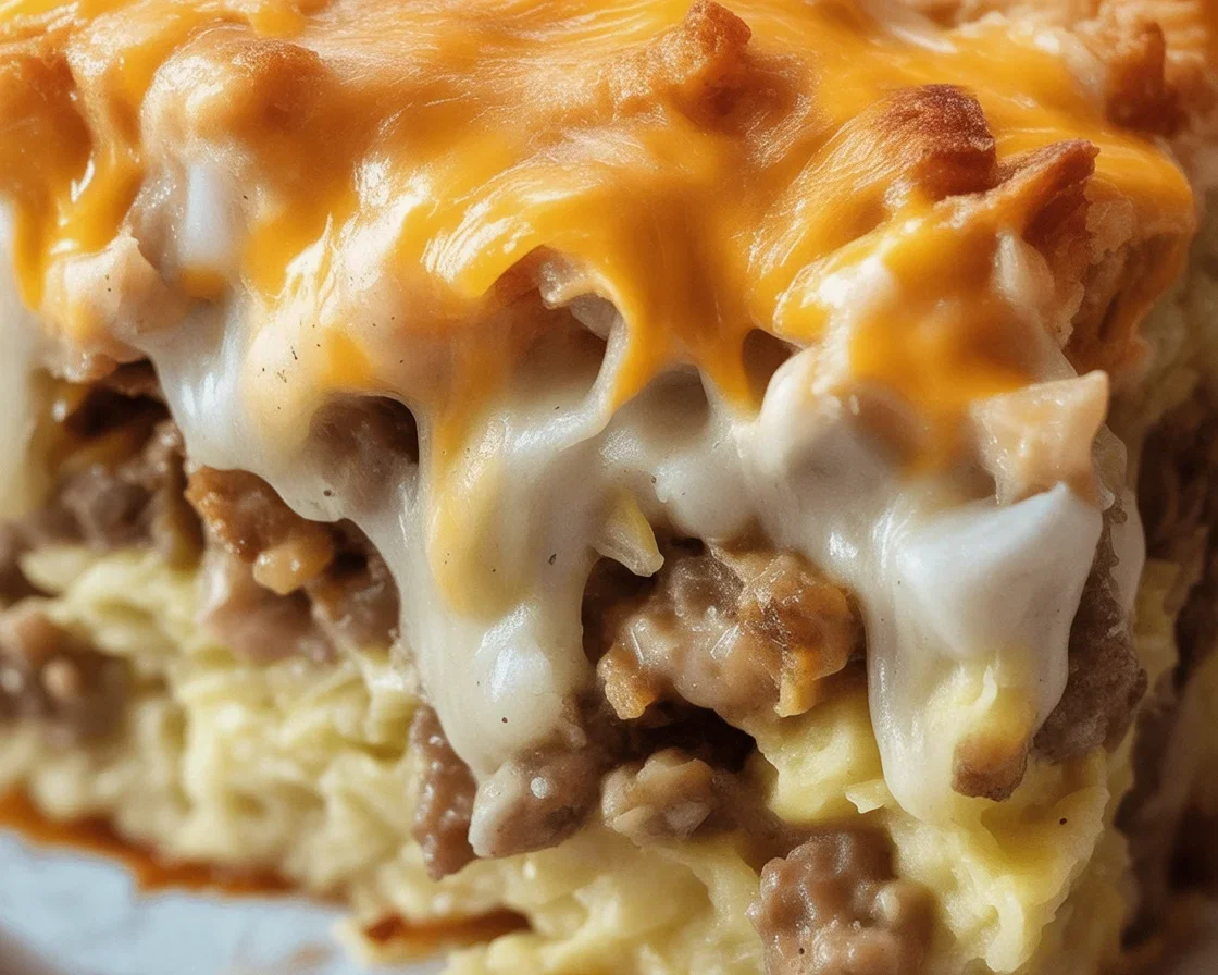 Delicious Biscuits and Gravy Hashbrown Breakfast Casserole with sausage and eggs.