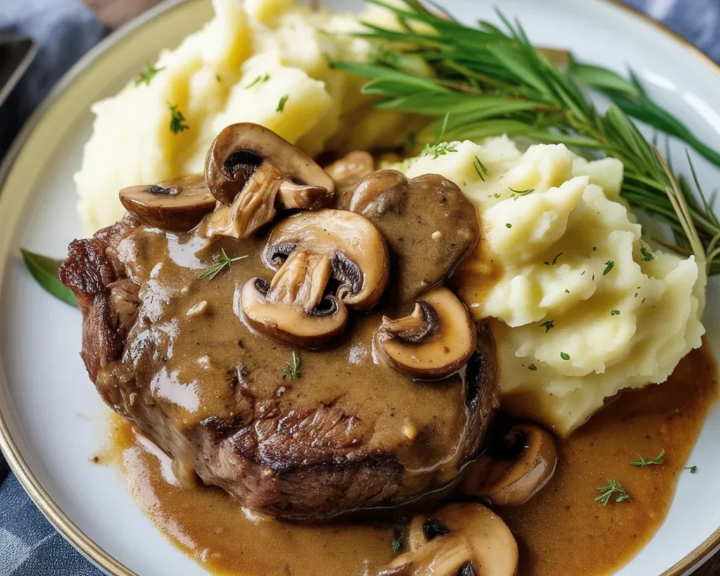 Bobby Flay's Salisbury Steak served with creamy mushroom gravy and garnished.