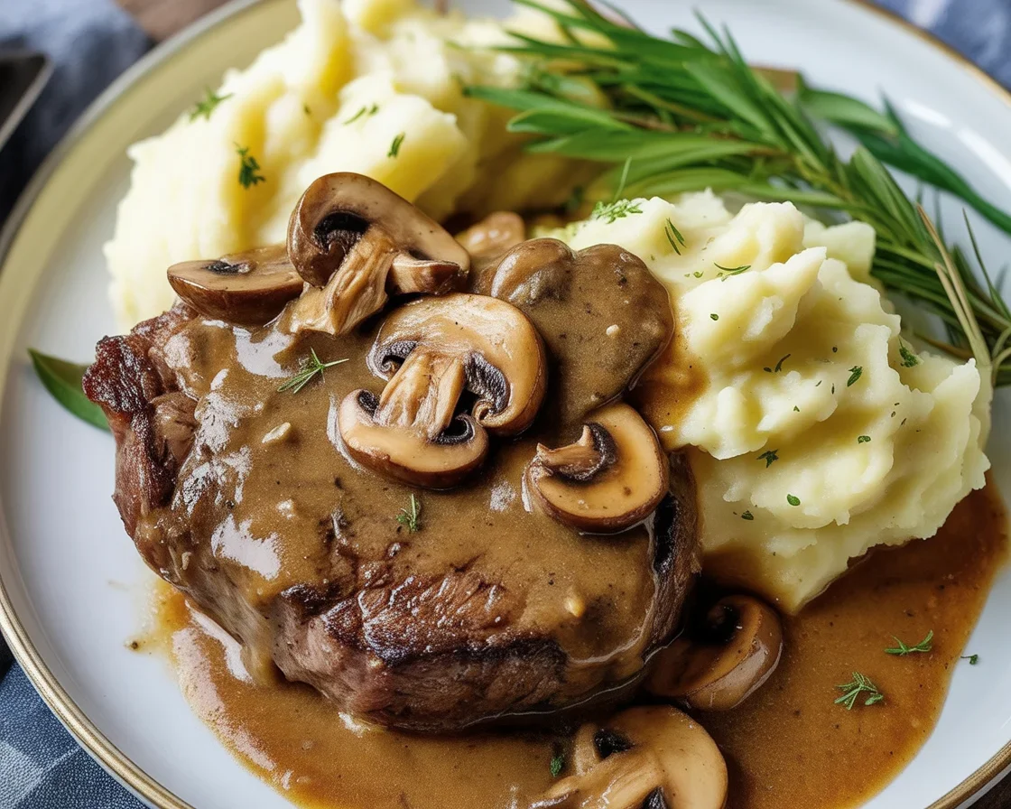 Bobby Flay's Salisbury Steak served with creamy mushroom gravy and garnished.