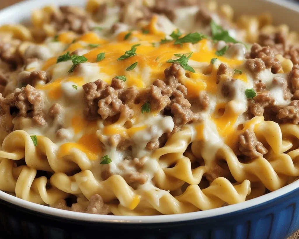 Cheesy Ground Beef Stroganoff Pasta Casserole with egg noodles and rich creamy sauce