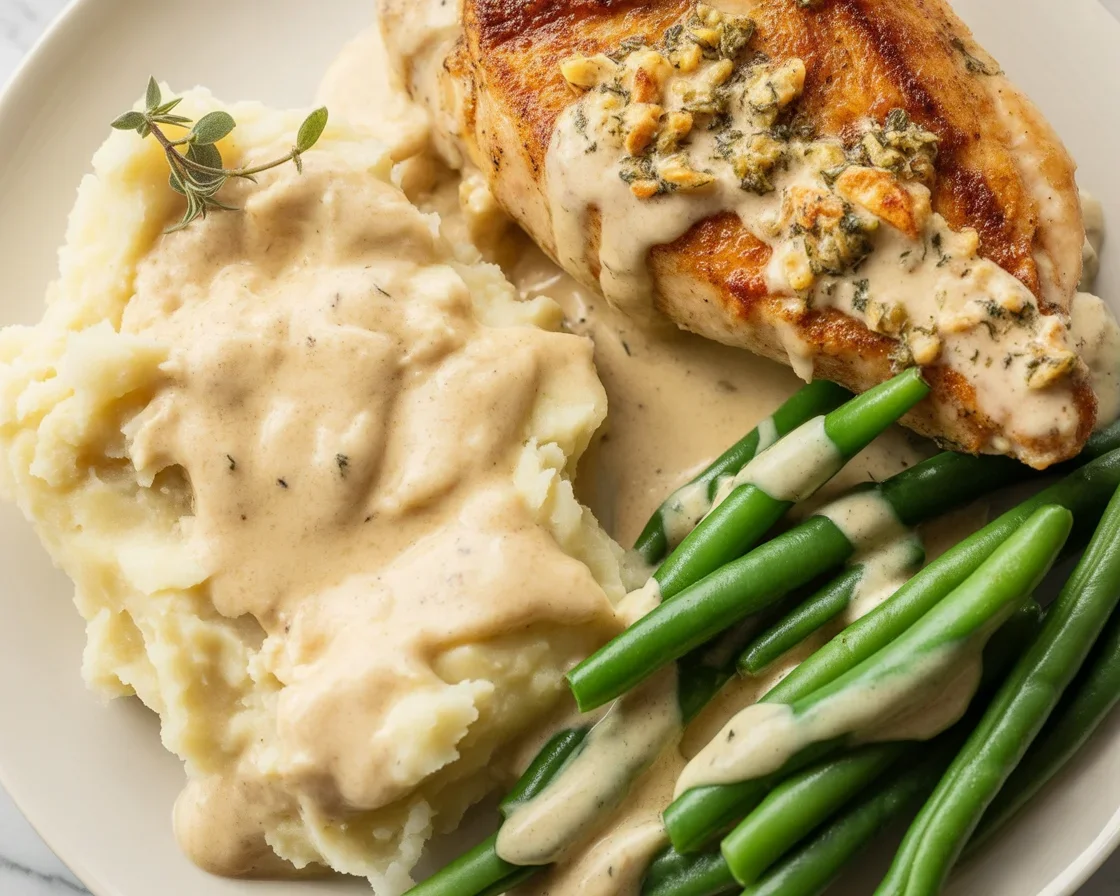 Delicious Chicken Fillet in Spicy Garlic-Parmesan Sauce served with crispy fries.