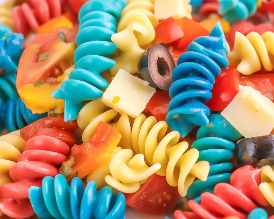 Colorful 4th of July Pasta Salad with vibrant red, white, and blue ingredients.