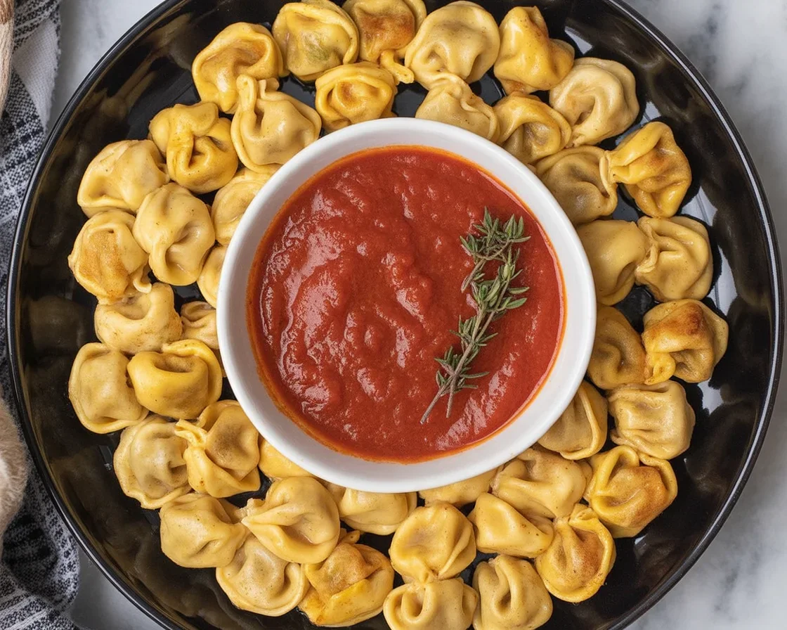 Crispy air fryer frozen tortellini without breading served in a bowl.