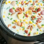 Delicious Crockpot Chicken Corn Chowder with chicken, corn, and creamy broth.