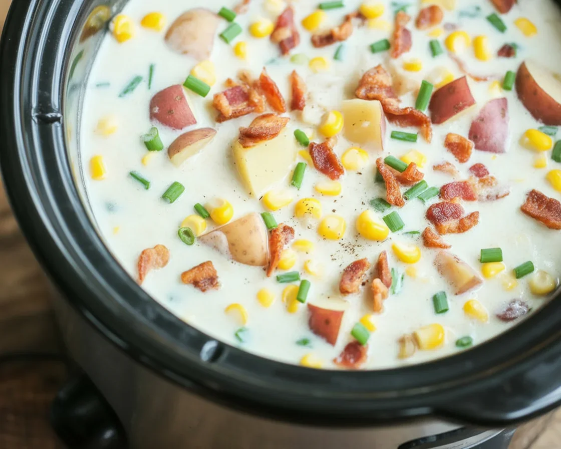 Delicious Crockpot Chicken Corn Chowder with chicken, corn, and creamy broth.