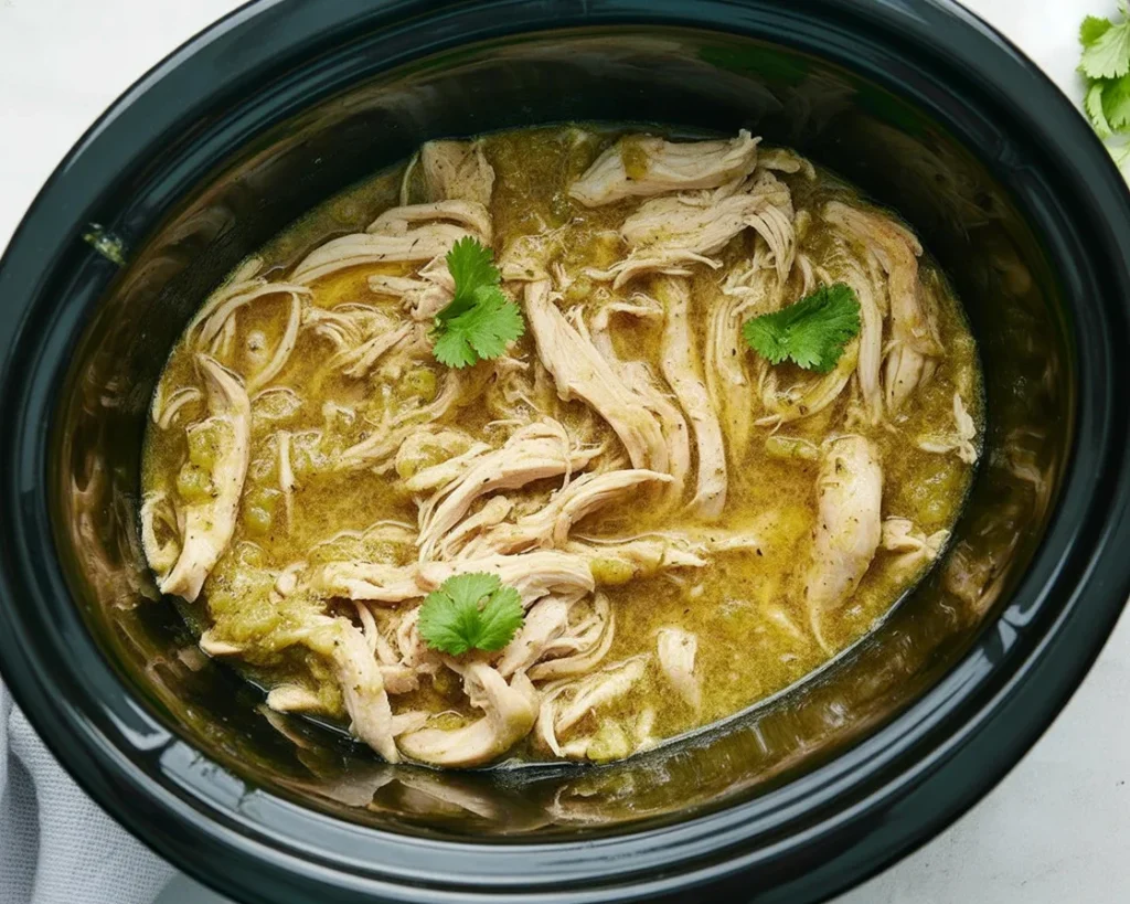 Delicious Crockpot Salsa Verde Chicken served in a bowl with toppings.