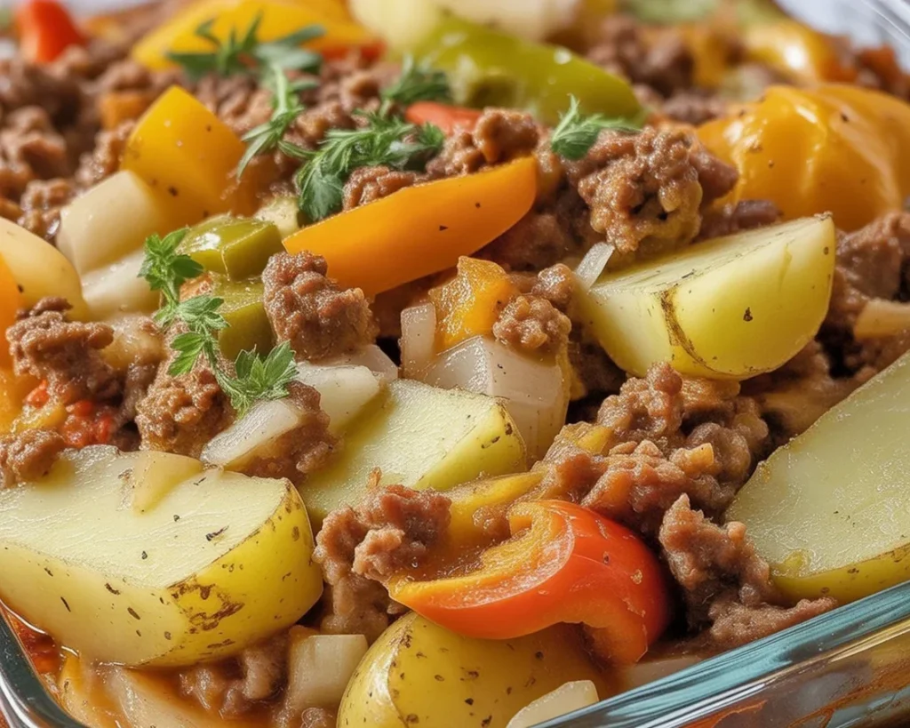 Dolly Parton’s 5-Ingredient Casserole with layers of potatoes, beef, and vegetables.