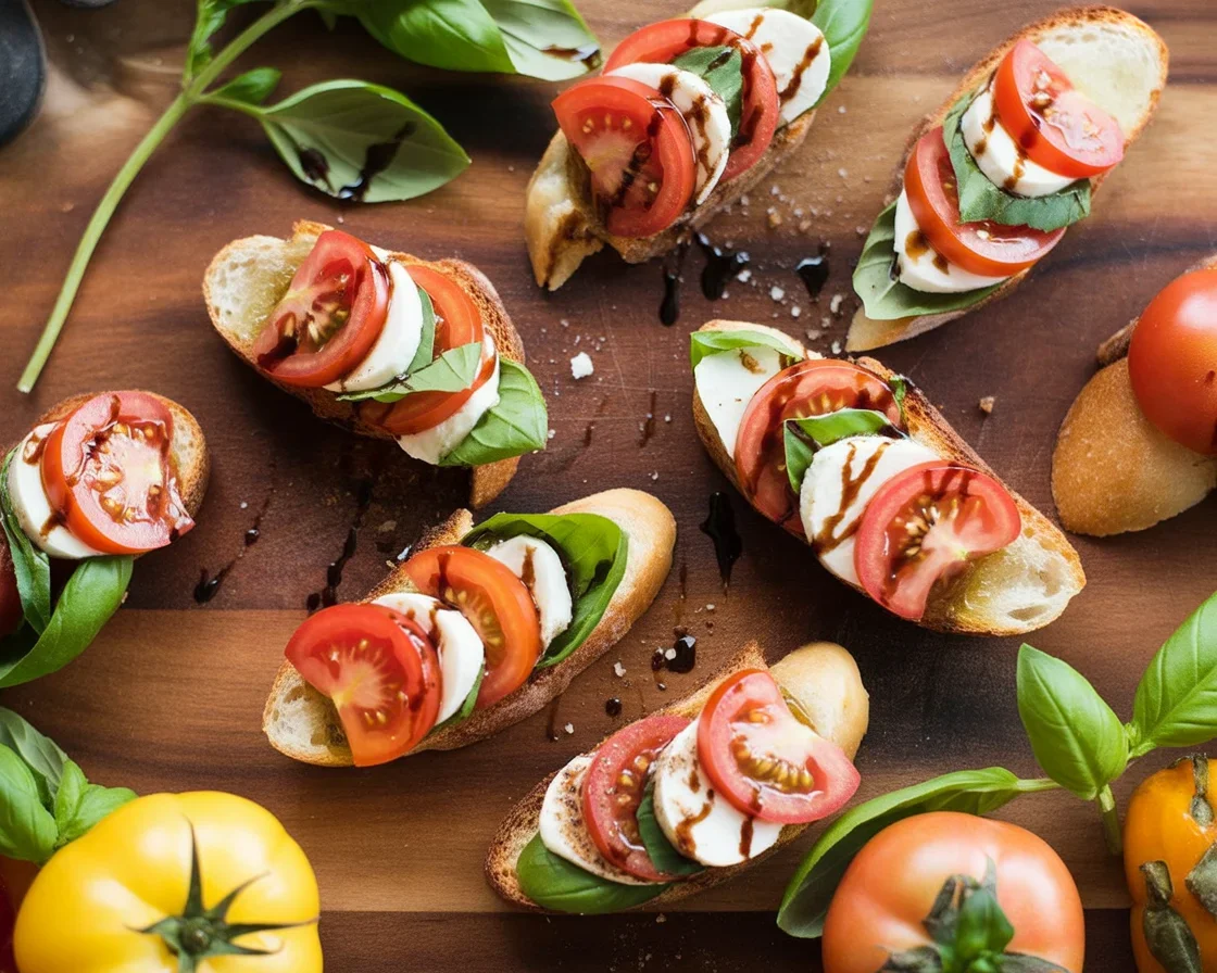 Delicious Caprese Bruschetta topped with tomato, mozzarella, and basil on toasted bread.