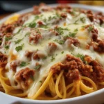 Cheesy Baked Cream Cheese Spaghetti casserole ready to serve.