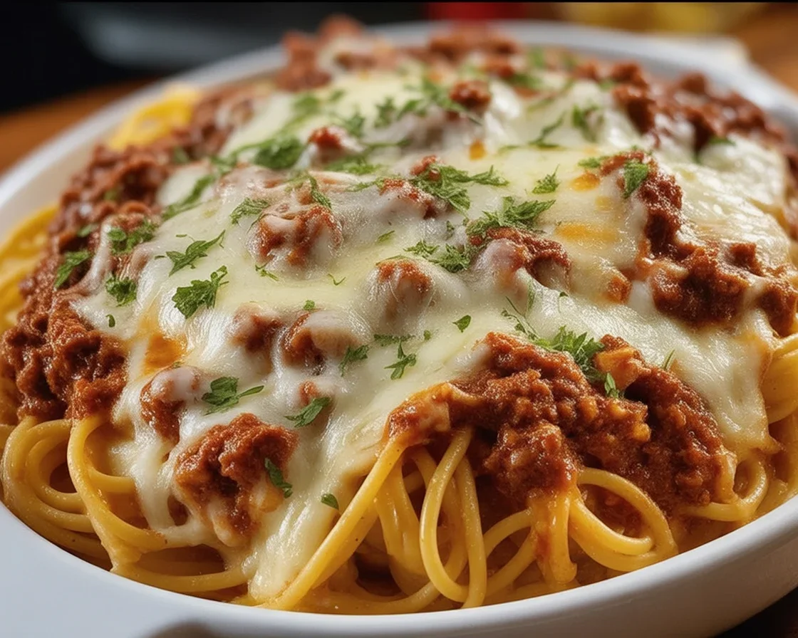 Cheesy Baked Cream Cheese Spaghetti casserole ready to serve.