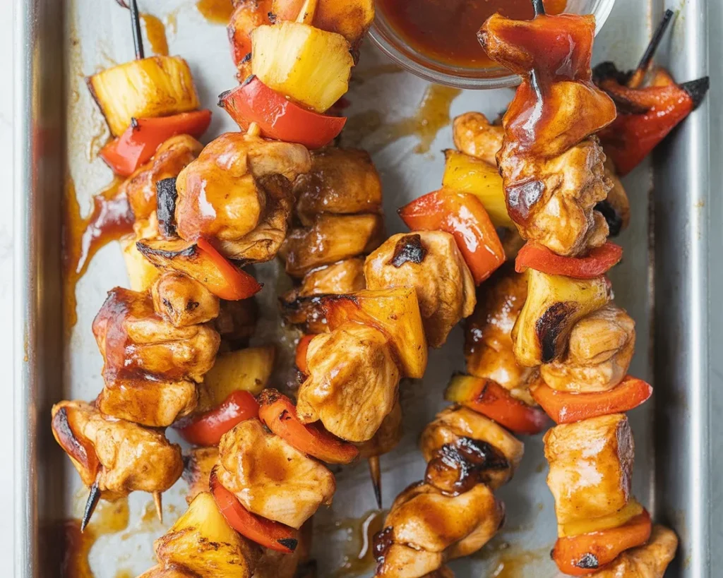 Delicious BBQ Pineapple Chicken Kabobs with grilled chicken, pineapple, peppers, and onion.