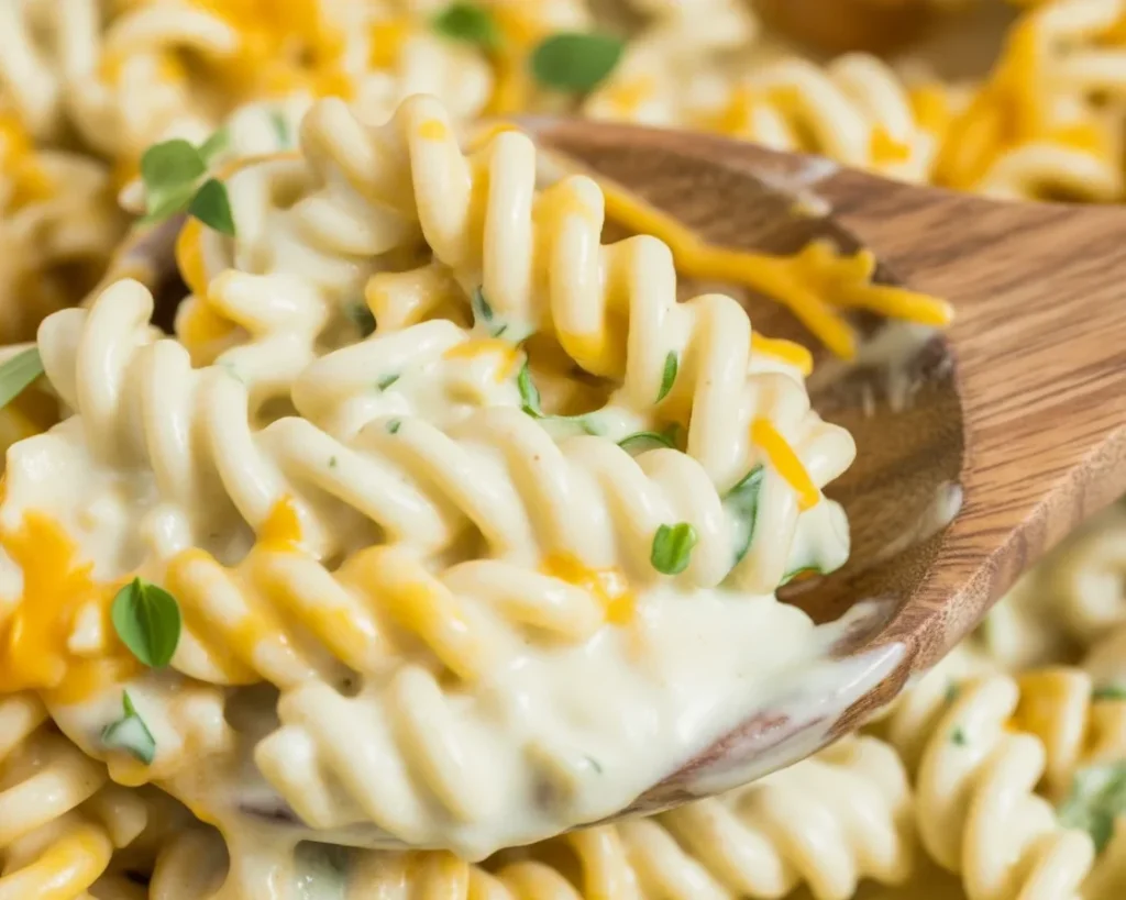 Delicious Cheesy Chicken Rotini Skillet with creamy sauce and pasta.
