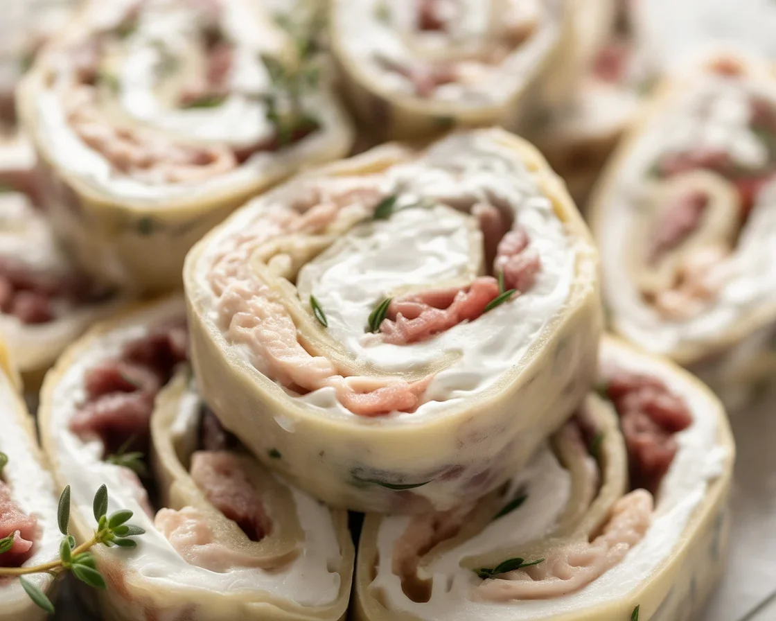 Chicken Bacon Ranch Roll Ups with cream cheese and bacon mixture wrapped in tortillas.