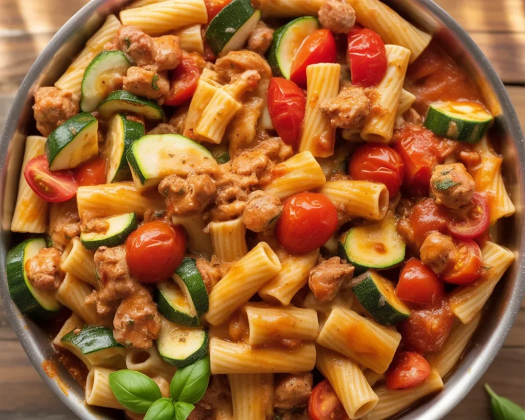 One-pan chicken sausages with zucchini, tomatoes, and pasta in a large skillet.