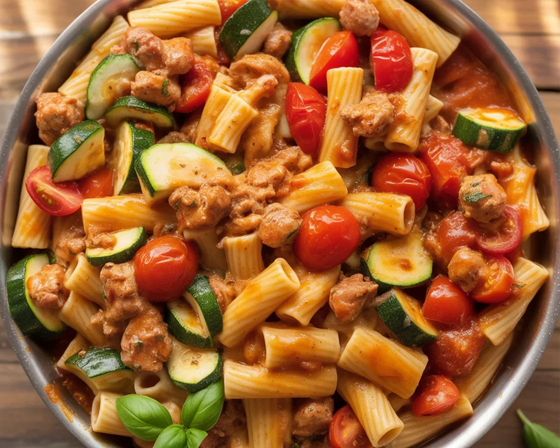 One-pan chicken sausages with zucchini, tomatoes, and pasta in a large skillet.