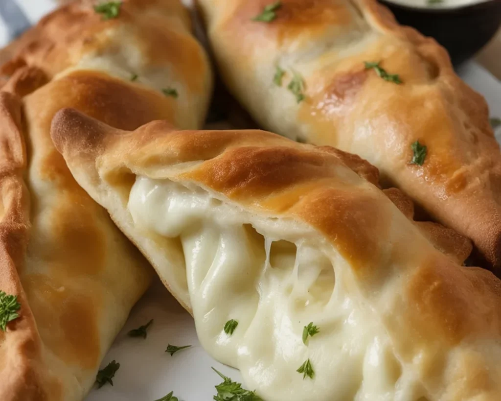 Crispy Chicken Alfredo Air Fryer Calzones filled with creamy sauce and tender chicken.