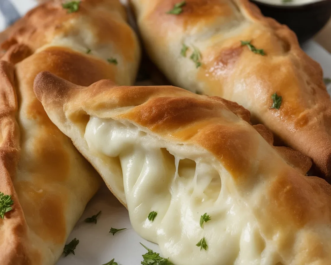 Crispy Chicken Alfredo Air Fryer Calzones filled with creamy sauce and tender chicken.