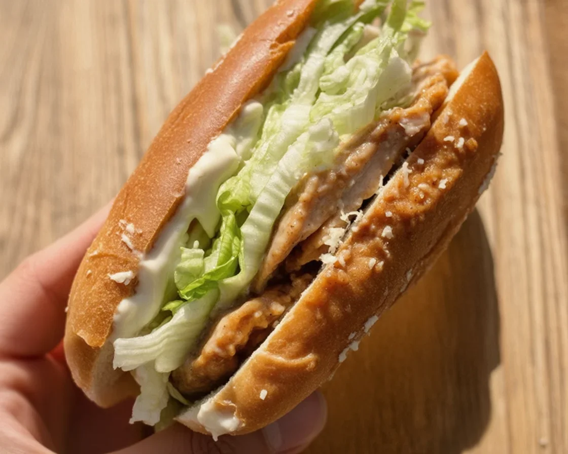 Delicious Chicken Caesar Sandwich with crispy chicken, romaine, and creamy dressing.