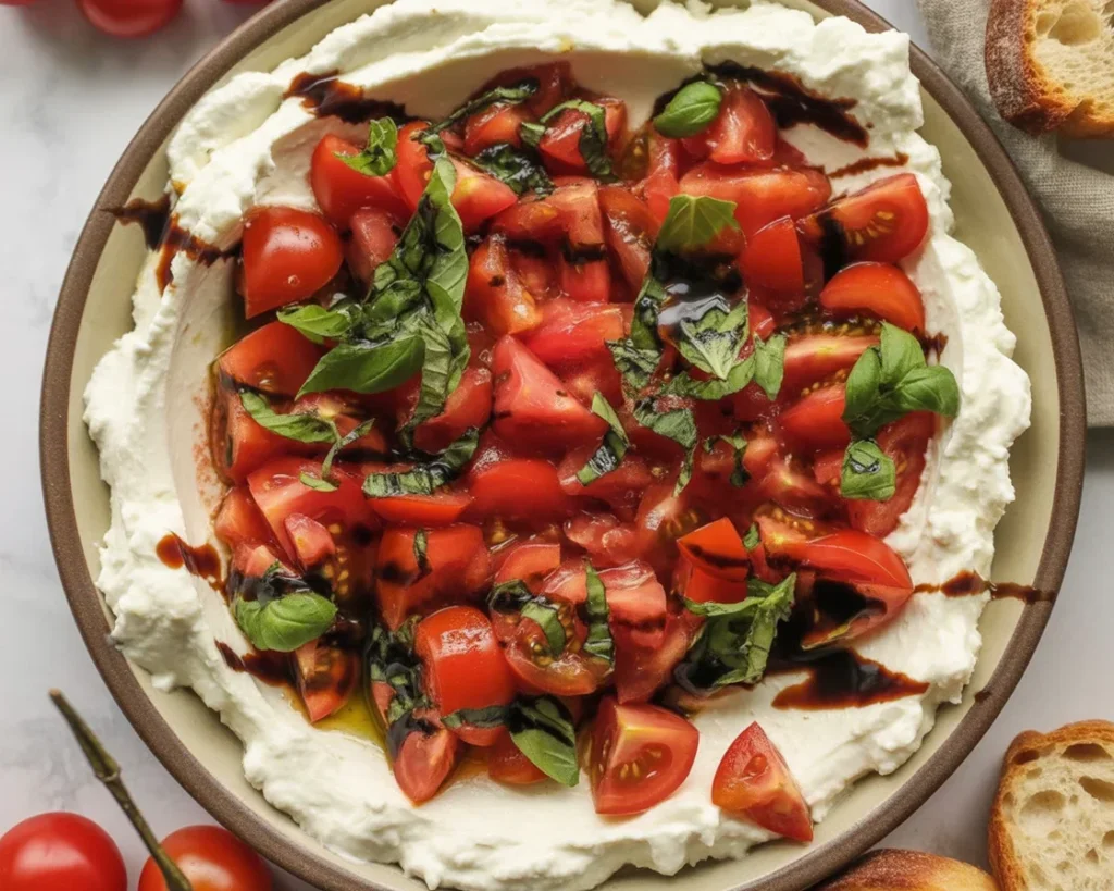 Delicious Bruschetta Dip topped with fresh tomatoes and balsamic glaze, served with toasted bread.