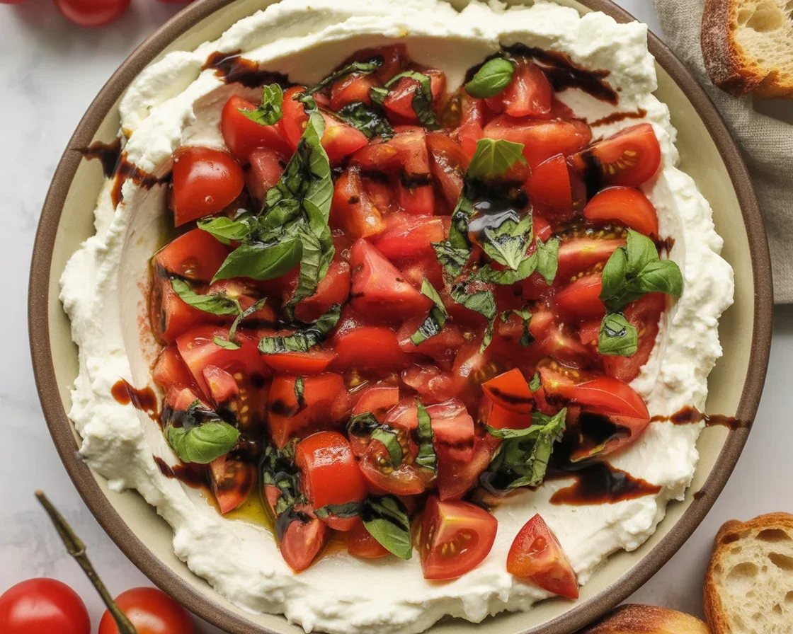 Delicious Bruschetta Dip topped with fresh tomatoes and balsamic glaze, served with toasted bread.