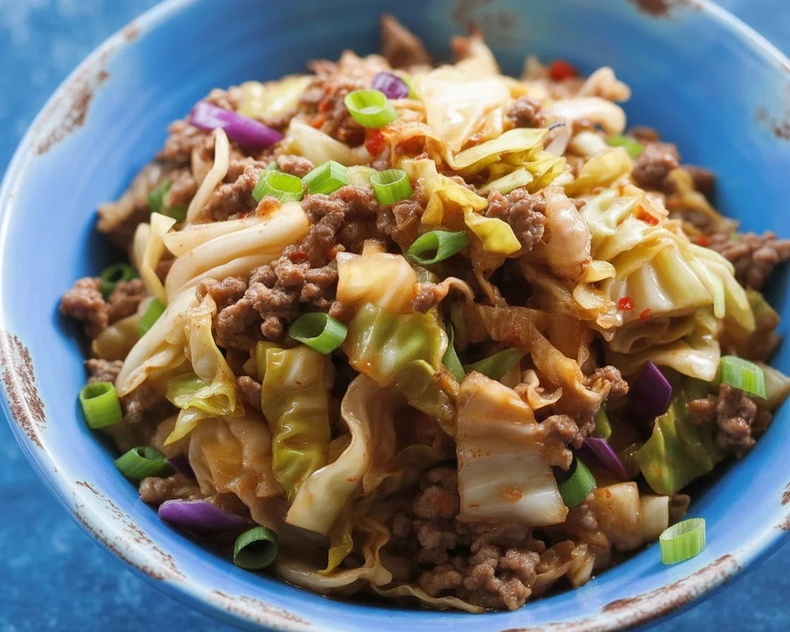 Delicious Egg Roll in a Bowl with ground pork, cabbage, and savory sauce.