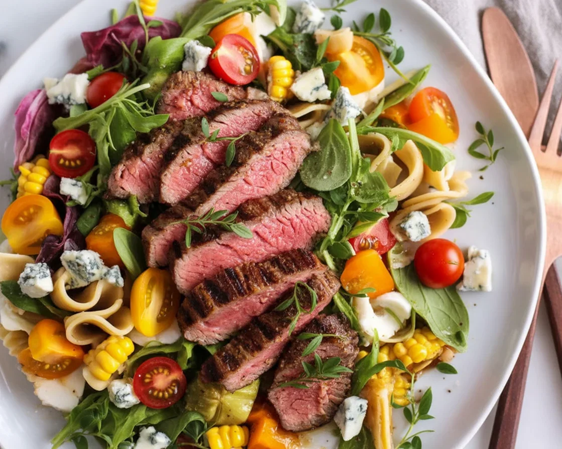 Grilled Balsamic Steak Salad topped with fresh vegetables and creamy vinaigrette.