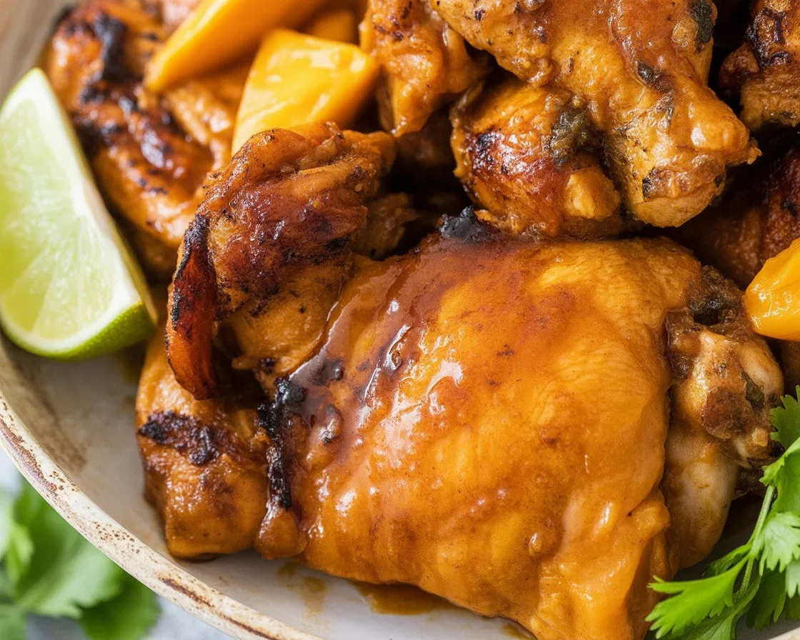 Grilled Mango Pineapple Chicken served with fresh salsa and colorful veggies