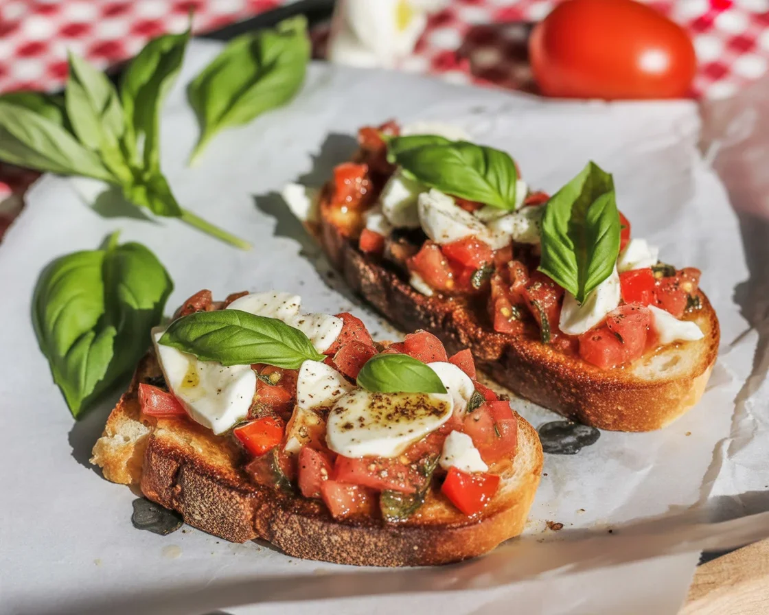 Delicious Italian Bruschetta with Mozzarella, tomatoes, and basil on toasted baguette.