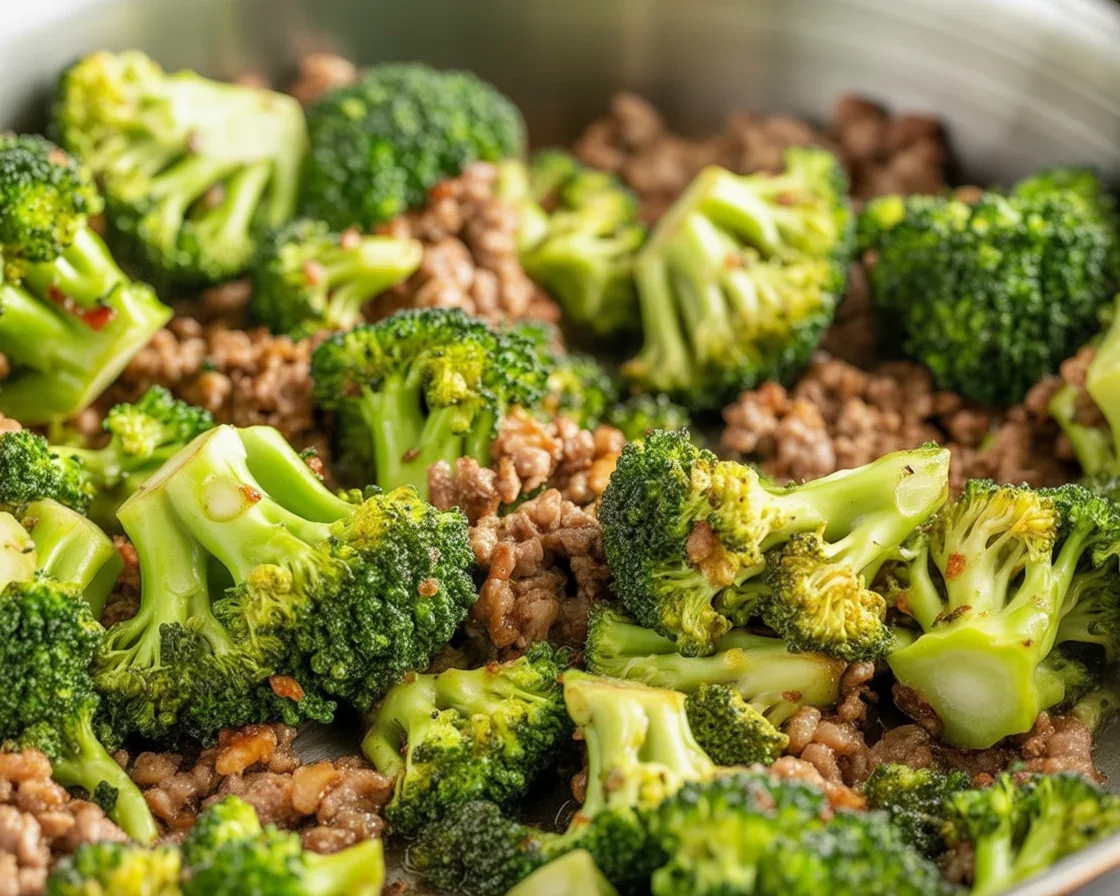 Keto Hamburger and Broccoli Skillet with cheese and ground beef in a skillet.