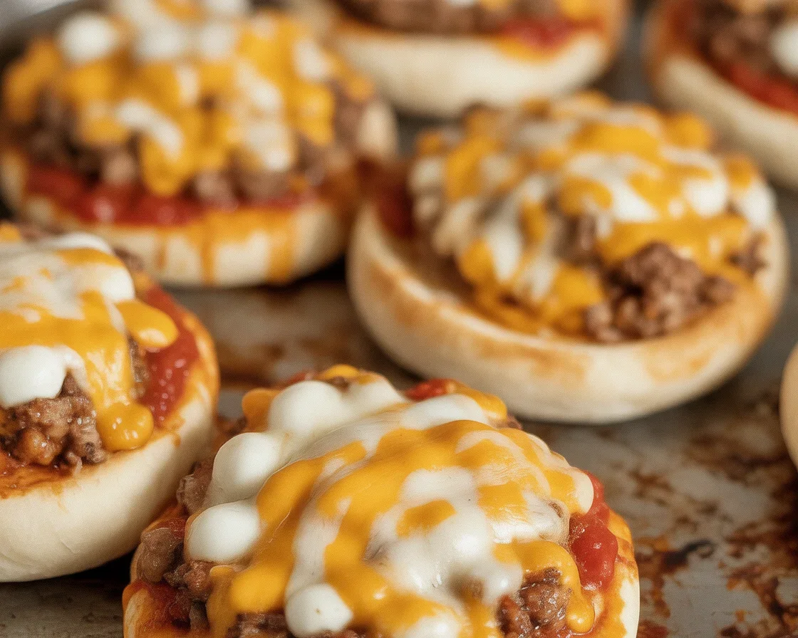 Old school pizza burgers made with ground beef, pizza sauce, and cheddar cheese.