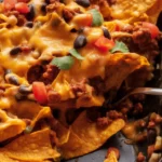 Delicious Walking Taco Casserole with layers of Fritos, seasoned ground beef, and melted cheese.
