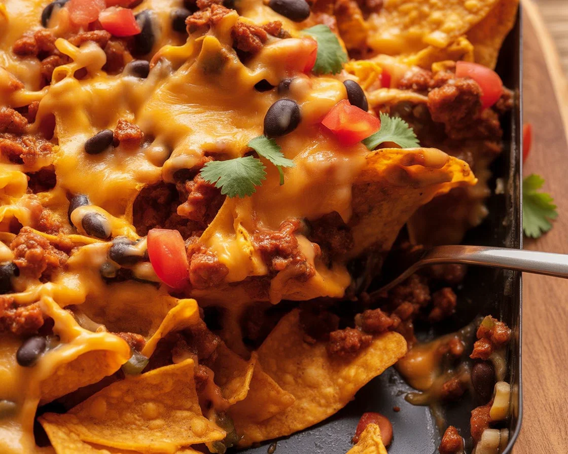 Delicious Walking Taco Casserole with layers of Fritos, seasoned ground beef, and melted cheese.