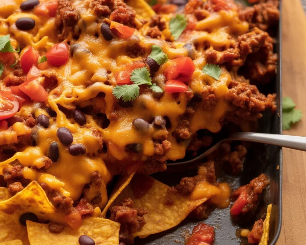 Delicious Walking Taco Casserole topped with beef, cheese, and Fritos in a baking dish.