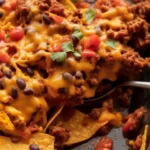 Delicious Walking Taco Casserole topped with beef, cheese, and Fritos in a baking dish.