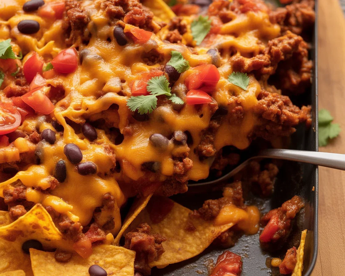 Delicious Walking Taco Casserole topped with beef, cheese, and Fritos in a baking dish.