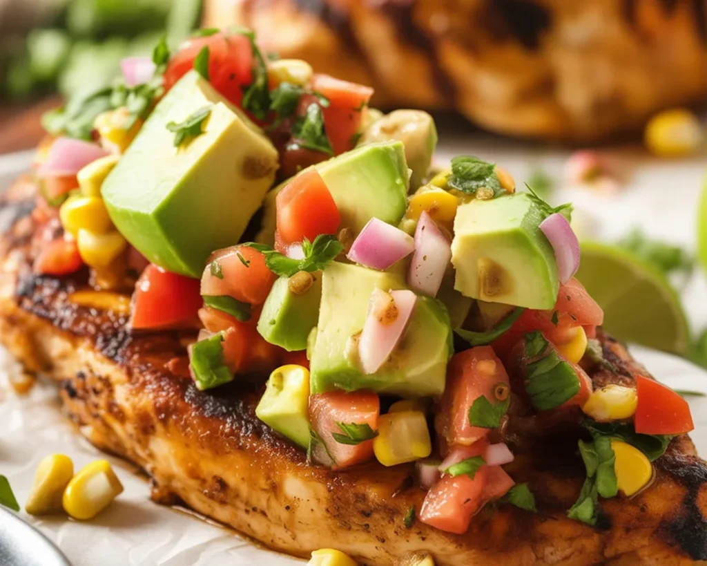 Fiesta Lime Chicken with Avocado topped with vibrant avocado salsa on a plate