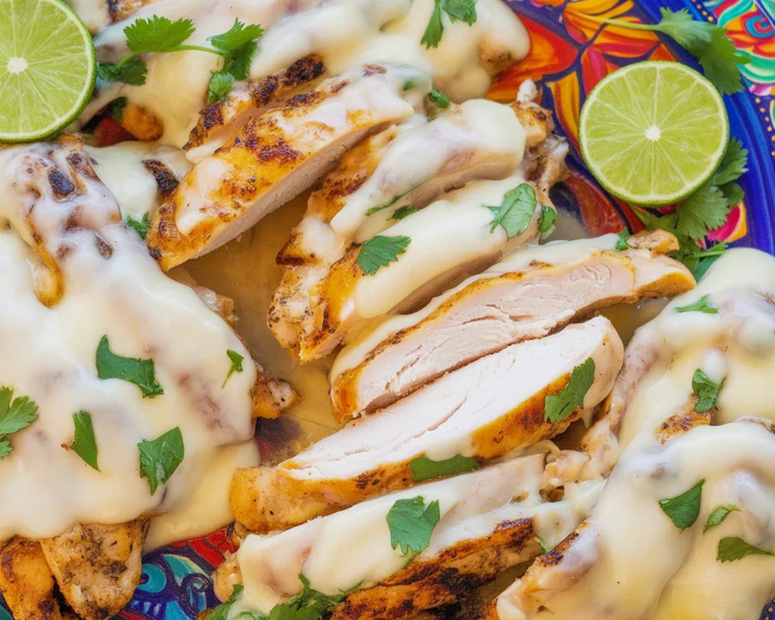 Juicy Grilled Salsa Verde Pepper Jack Chicken topped with melted cheese and garnished.