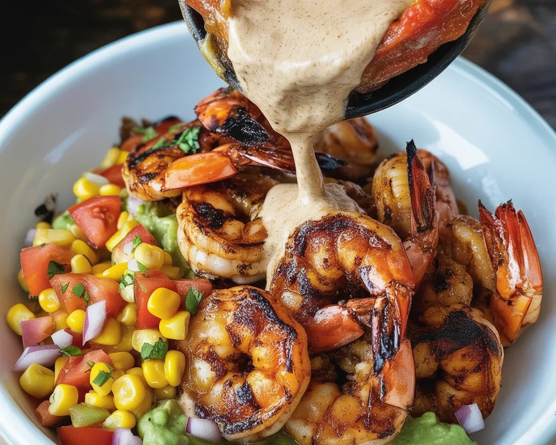 Delicious Grilled Shrimp Bowl with Avocado, Corn Salsa, and Creamy Garlic Sauce.