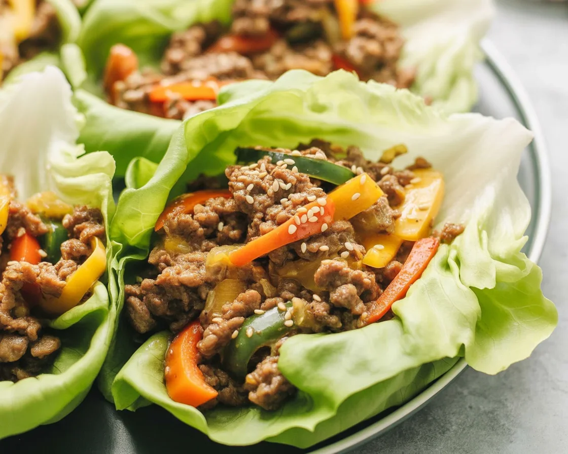 Asian Style Ground Beef Lettuce Wraps with seasoned meat and fresh veggies in lettuce cups.