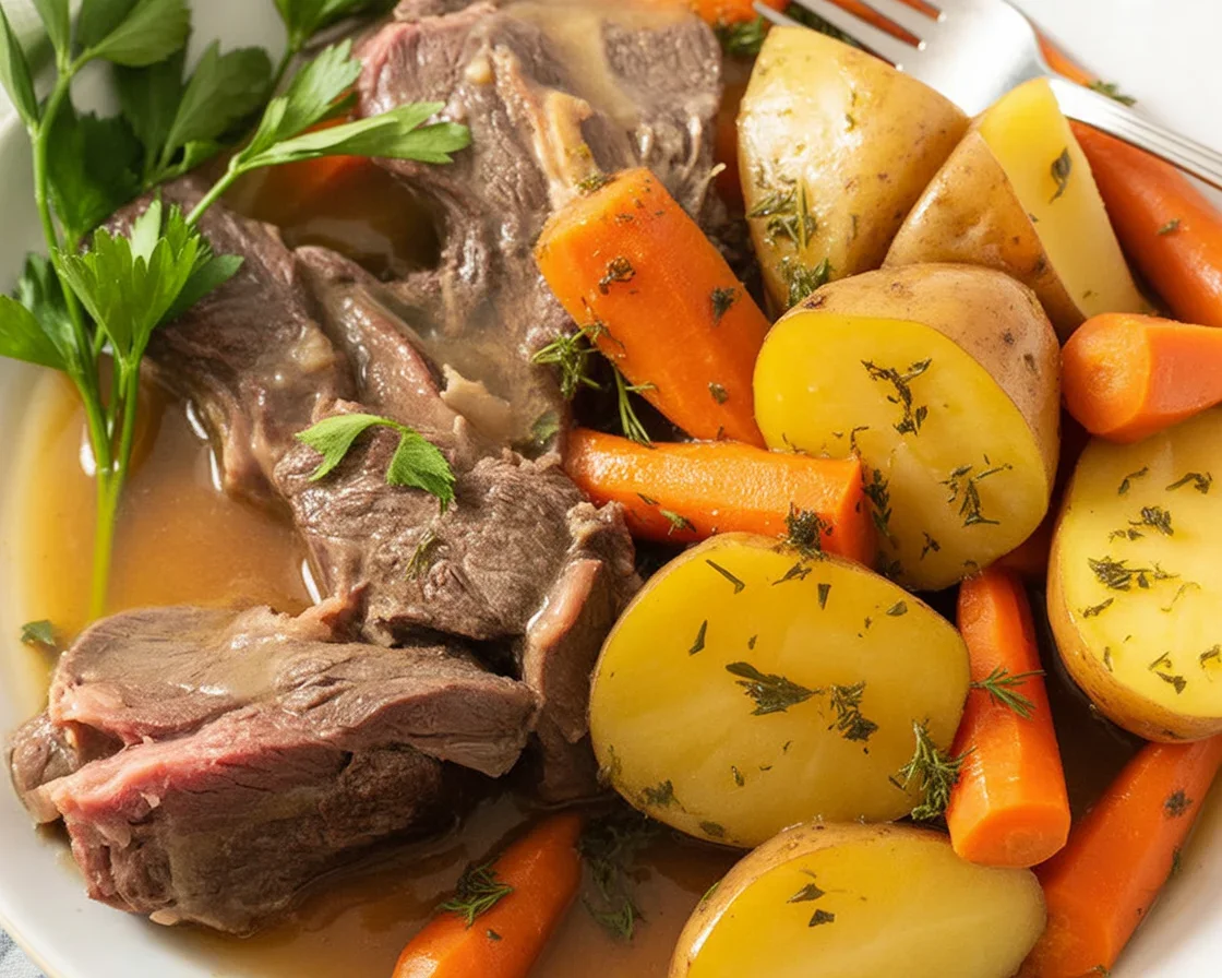 Delicious pot roast with tender potatoes and carrots in a rich gravy