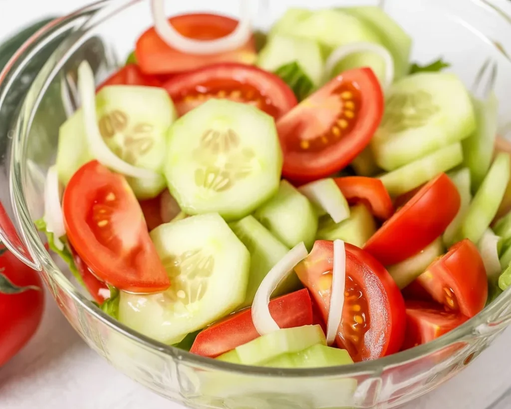 Delicious Marinated Cucumbers, Onions, and Tomatoes salad in a bowl.