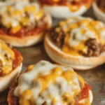 Old School Pizza Burgers topped with cheese and pizza sauce on a burger bun.