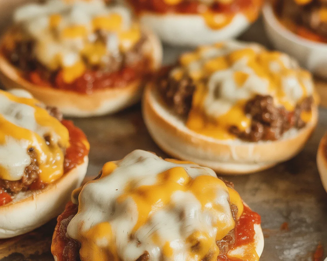 Old School Pizza Burgers topped with cheese and pizza sauce on a burger bun.