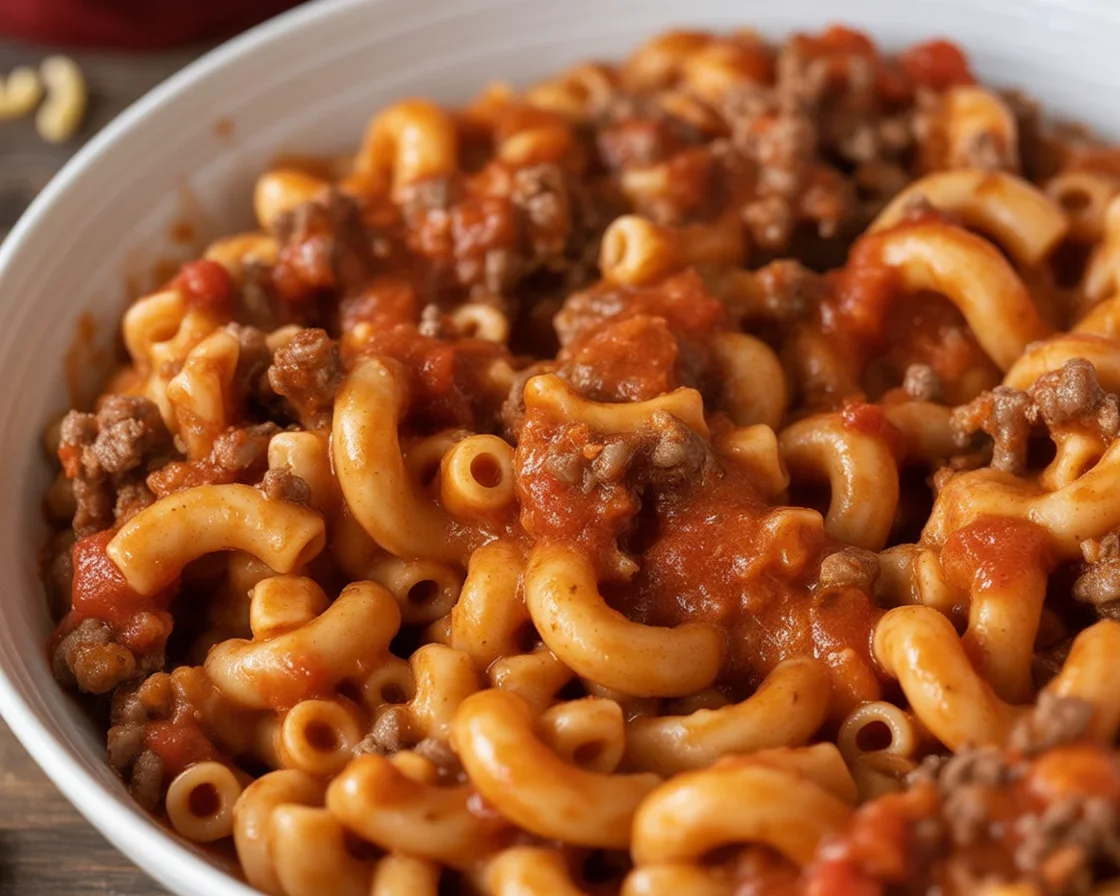 A bowl of hearty goulash featuring ground beef, pasta, and rich tomato sauce.
