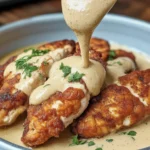 Parmesan Crusted Chicken with Creamy Garlic Sauce served on a plate with herbs.
